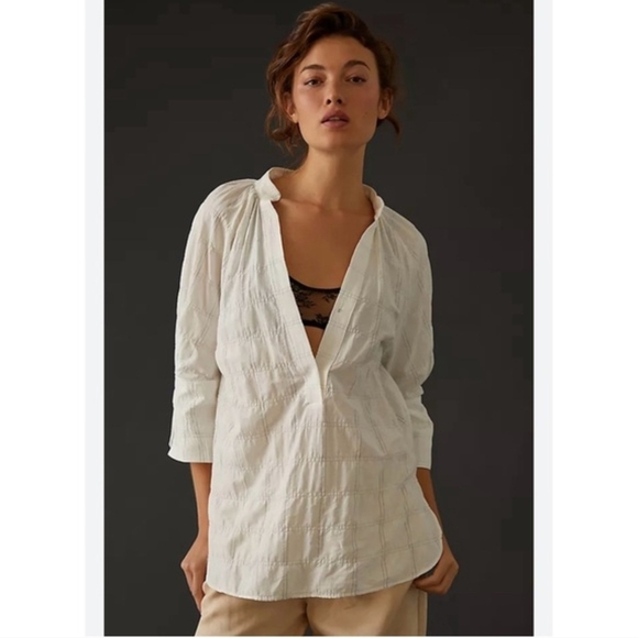 Anthropologie Tops - Anthropologie Textured Cotton Peasant Blouse Ivory Boho Minaminlist Relaxed Top